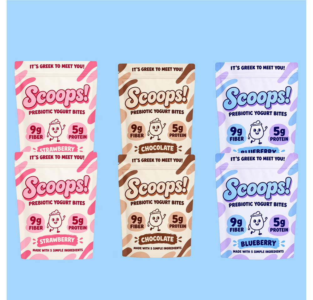 Six Scoops! prebiotic yogurt bites packaging cards arranged in a 3x2 grid on a light blue background. The designs include pink strawberry, brown chocolate, and blueberry flavors, each with 9g fiber and 5g protein per bag.